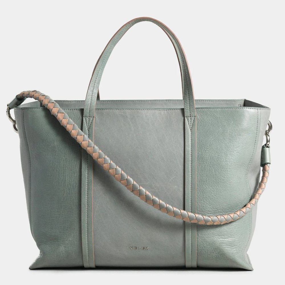 LEATHER HANDBAG-SHOPPING MONGUI LEATHER WOVEN HANDLE SILVER/GREY BLUE